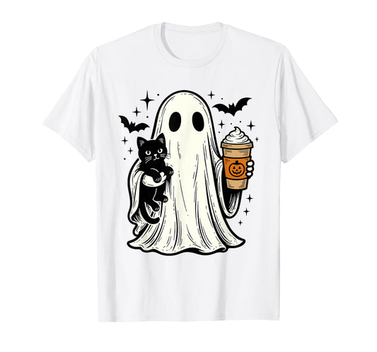 Vintage Halloween Ghost Holding Black Cat Pumpkin Spice T-Shirt