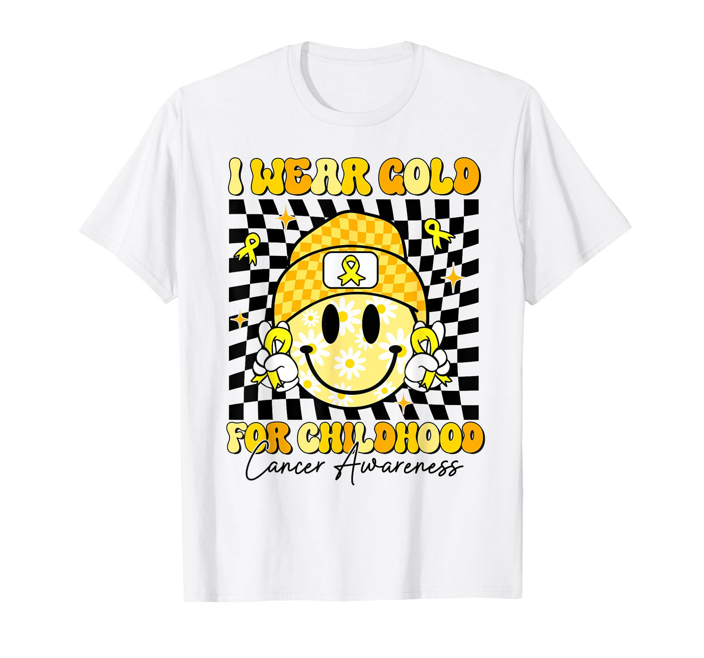 I Wear Gold For Childhood Cancer Smile Face Gold Ribbon Kids T-Shirt
