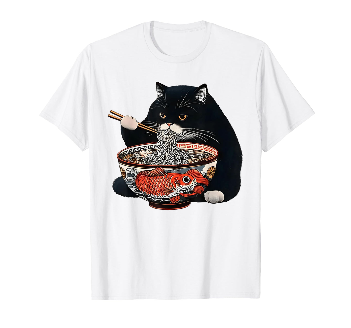 Funny Black Fat Cat Eating Ramen T-Shirt