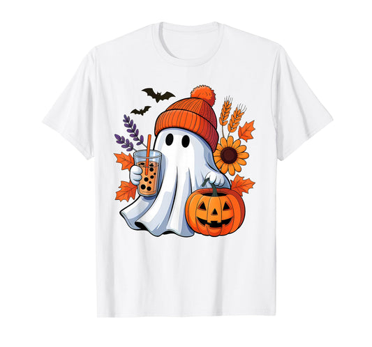 Cute Ghost Drinking Coffee Autumn Pumpkin Halloween Costume T-Shirt