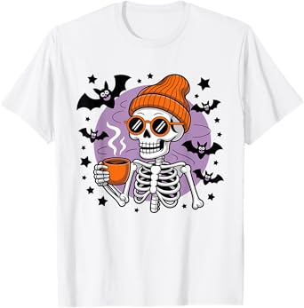 Halloween Skeleton Drinking Coffee Costume bat Dad Boys Men T-Shirt