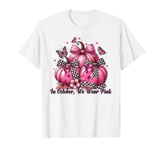 Coquette Bow Pumpkin In October We Wear Pink Breast Cancer T-Shirt