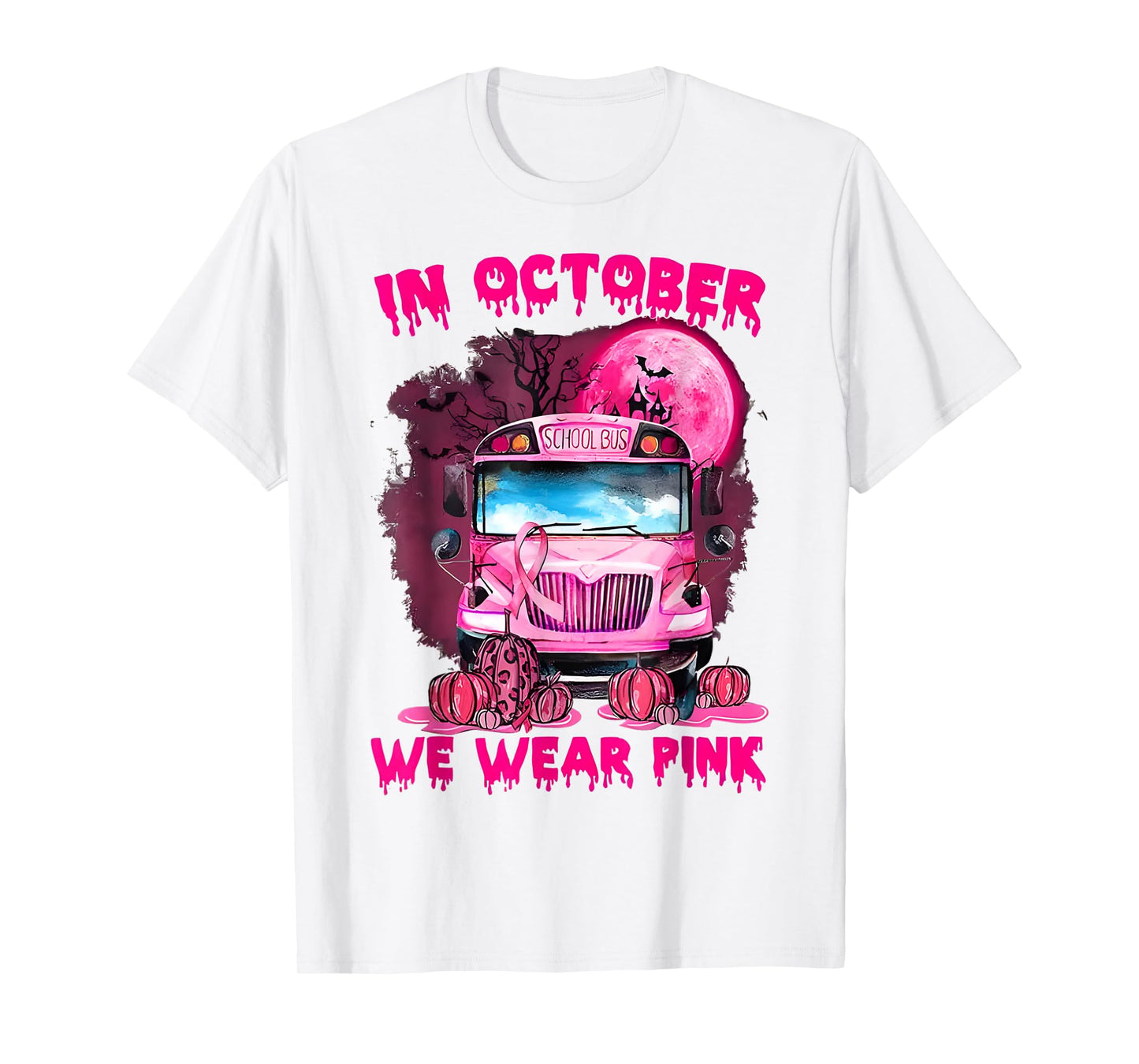 in October We Wear Pink Halloween School Bus Breast Cancer T-Shirt