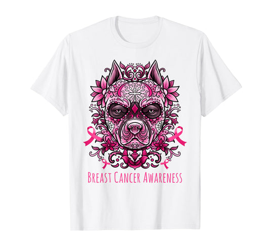Funny Sugar Skull Pitbull Dog Breast Cancer Day Of The Dead T-Shirt