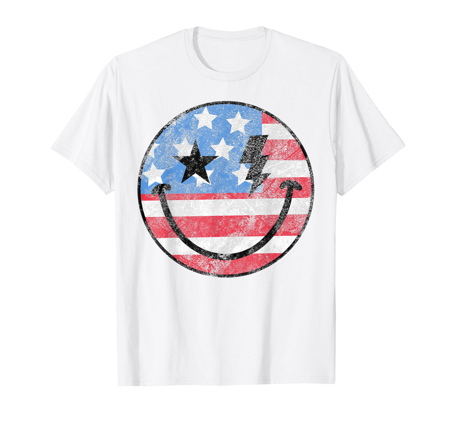 Happy 4th Of July Groovy Smile Face Red White Blue USA Flag T-Shirt