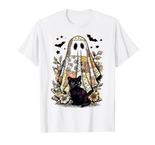 Vintage Halloween Ghost Holding Black Cat Groovy Floral T-Shirt