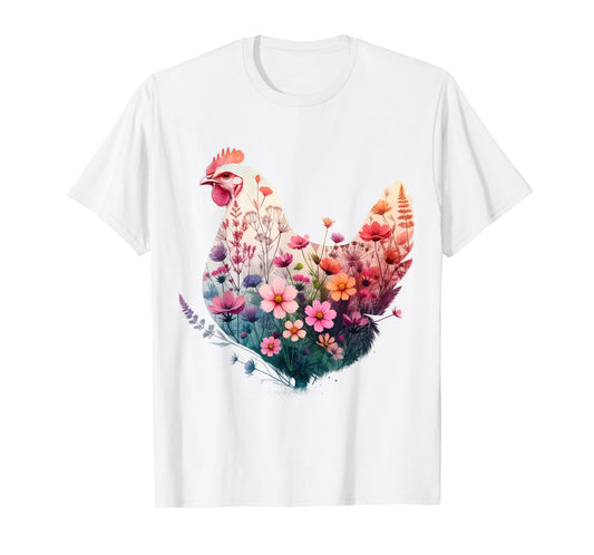 Chicken Floral Art Graphic Women Farm Chicken Lover Colorful T-Shirt