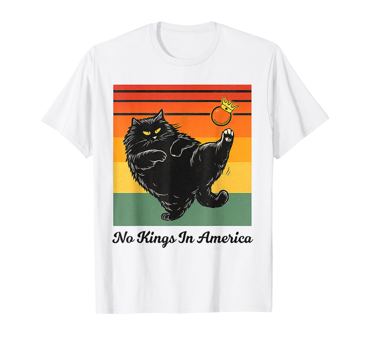 No Kings In America Black Cat Funny Cat Kicking Crown Retro T-Shirt