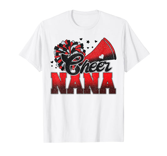 Cheer Nana Cheer Leader Gift Biggest Fan Black Red Pom Pom T-Shirt