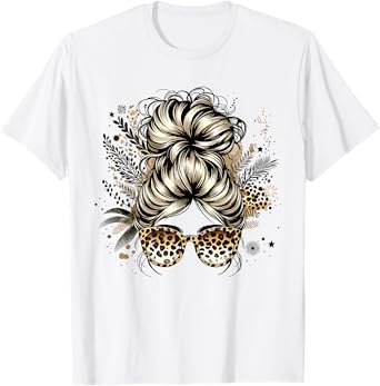 Leopard Messy Bun Hair Funny Mom Life Leopard Bandana T-Shirt