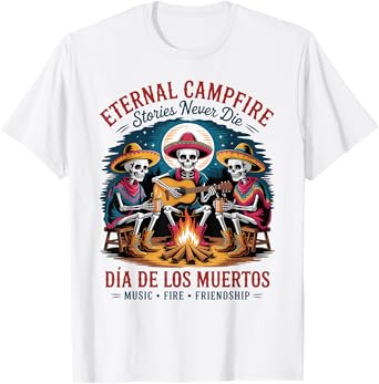 Mexican Campfire Sugar Skull Skeleton Día de los Muertos T-Shirt