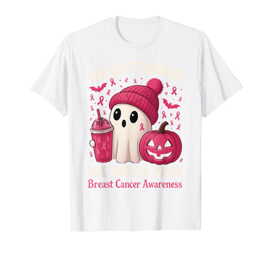 Breast Cancer Ghost Halloween Women in October We Wear Pink T-Shirt