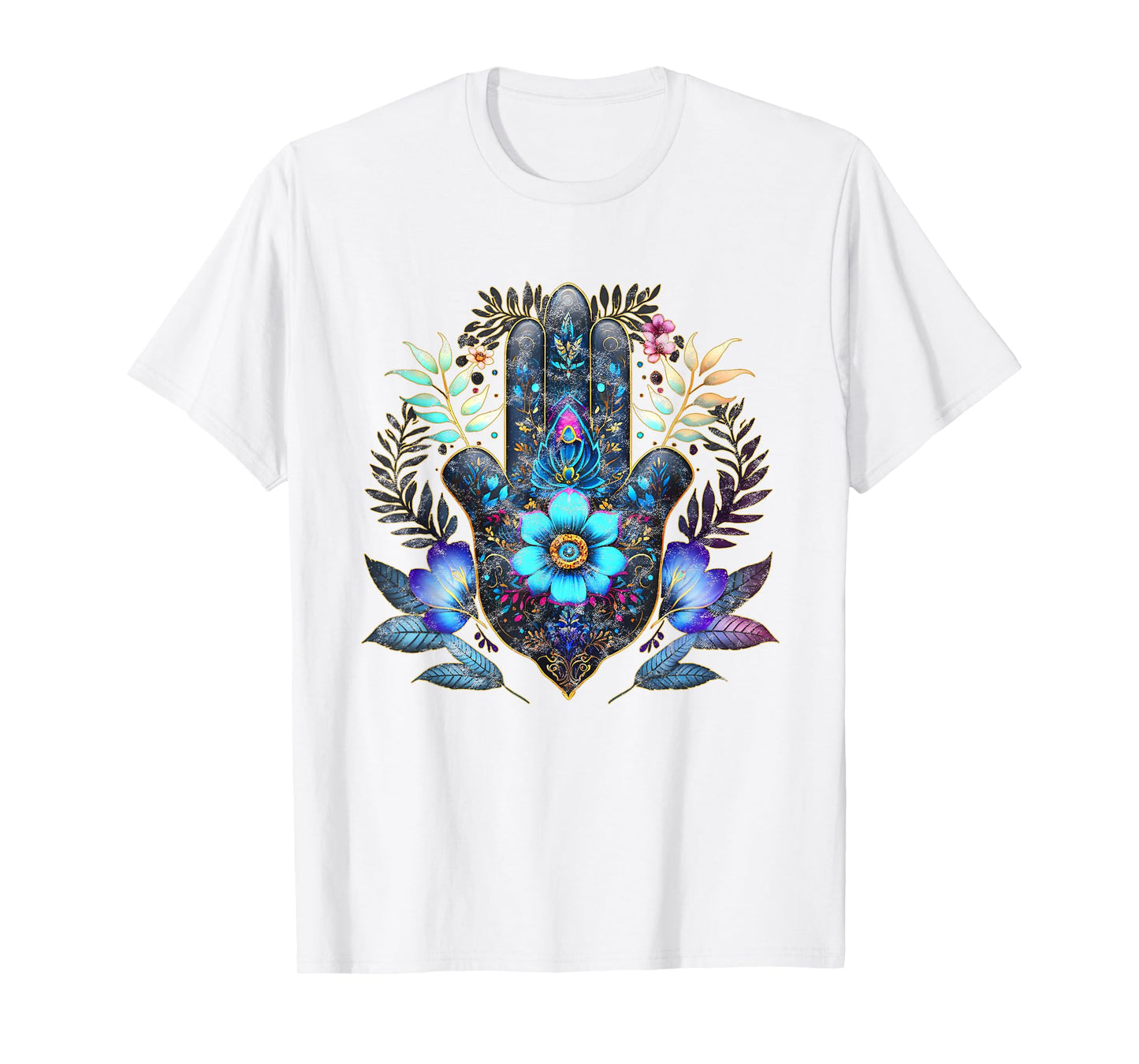 Hamsa, hand, blue, Nazar, flower, eye, charm, vintage, luck T-Shirt