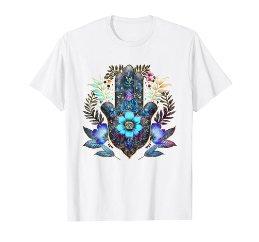 Hamsa, hand, blue, Nazar, flower, eye, charm, vintage, luck T-Shirt
