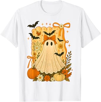 HUGvyn Halloween: Girls Ghost Lace Bow Floral Ghost Spooky T-Shirt
