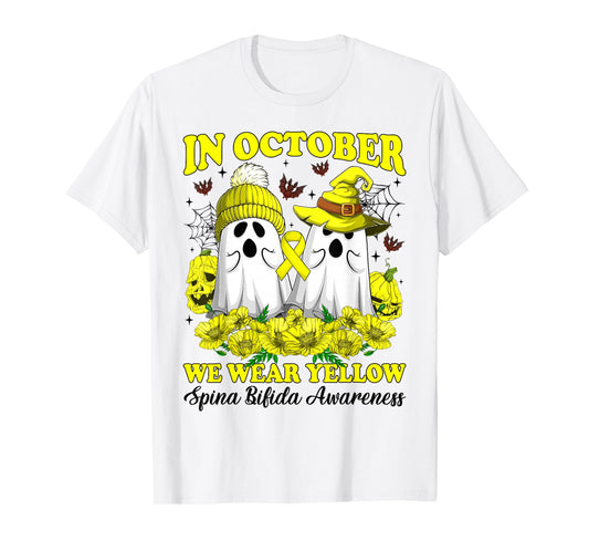 in October We Wear Yellow Spina Bifida Halloween Day Ghost T-Shirt