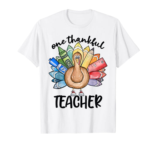 One Thankful Teacher Thanksgiving Turkey, Cute Crayon Pencil T-Shirt for Men Women
