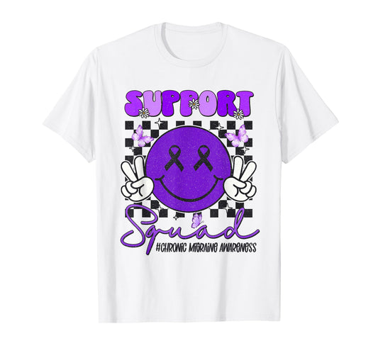 Chronic Migraine Awareness Support Smile Face Purple Ribbon T-Shirt