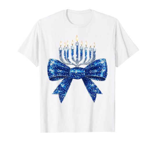 Coquette Hanukkah Jewish Menorah Bow T-Shirt for Women & Girls
