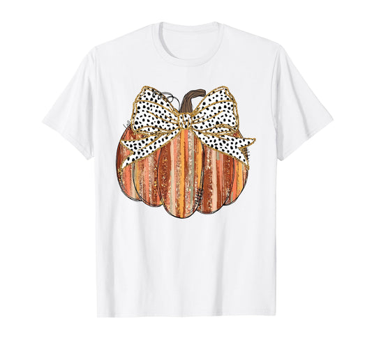 Coquette Bow Pumpkin Season Autumn Fall Leaves Thanksgiving T-Shirt