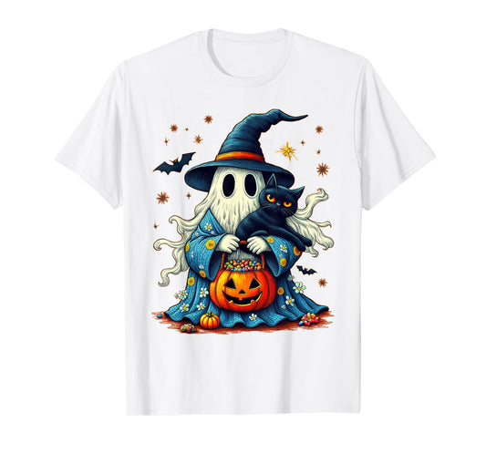 Vintage Halloween 2025 Ghost Holding Black Cat Groovy Floral T-Shirt