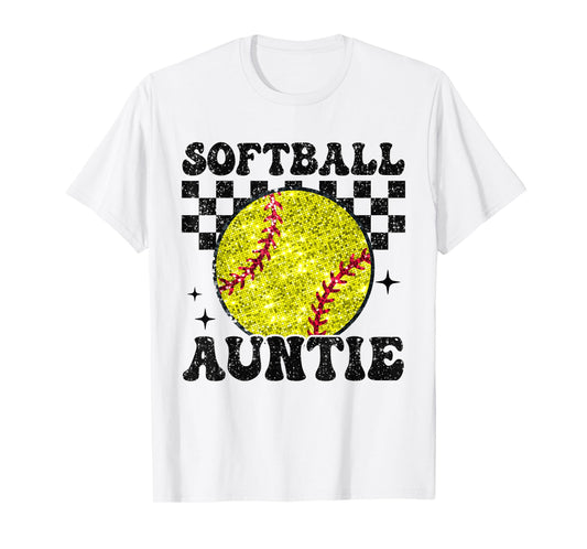 Softball Auntie Checkered Retro Funny Softball Aunt Family T-Shirt