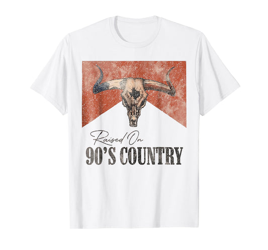 Vintage Western Bull Skull Raised On 90's Country Music T-Shirt