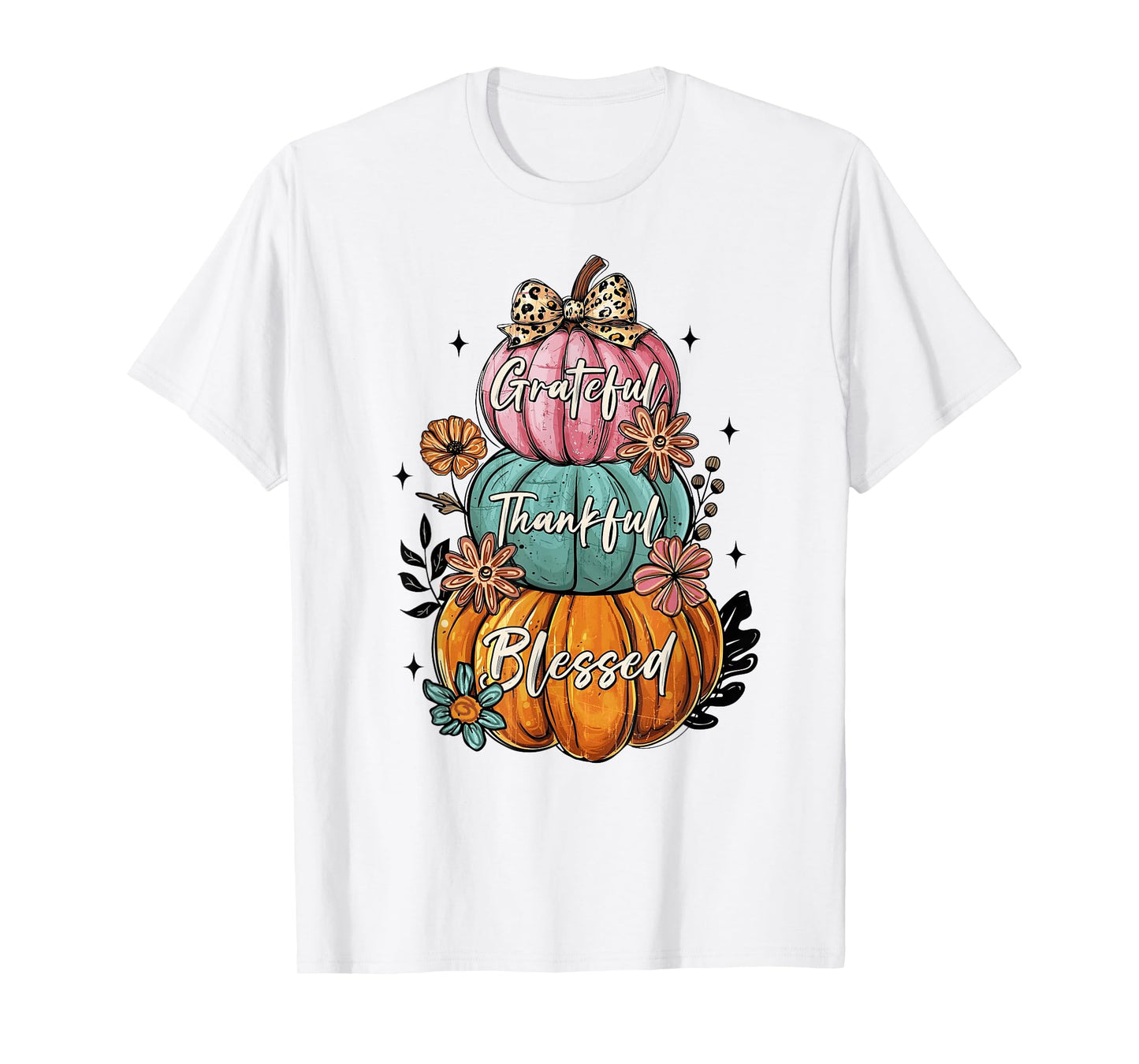 Thankful Grateful Blessed Coquette Bow Floral Pumpkin Fall T-Shirt
