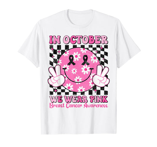in October We Wear Pink Breast Cancer Awareness Checkered T-Shirt
