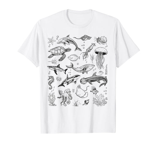 Ocean Wildlife Vintage Tattoo Sea Animals 80s 90s Marine Bio T-Shirt