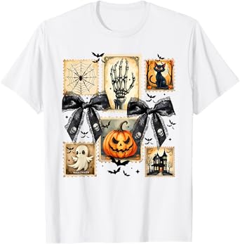 Spooky Season Coquette Bow Halloween Skeleton Jack O Lantern T-Shirt