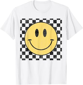 Retro Happy Face Distressed Checkered Pattern Smile Face T-Shirt