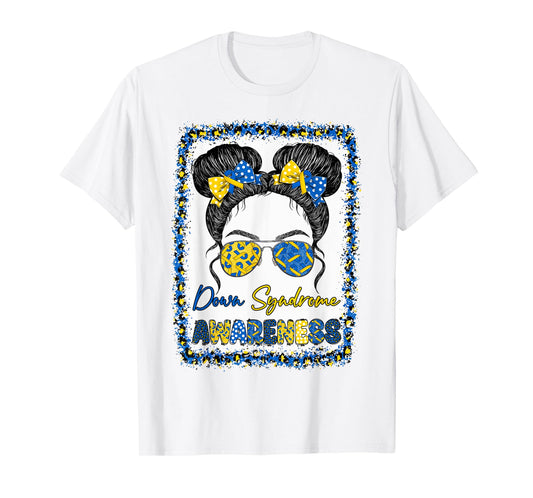 Messy Bun Girl Yellow Blue Bow Ties Sunglasses Down Syndrome T-Shirt