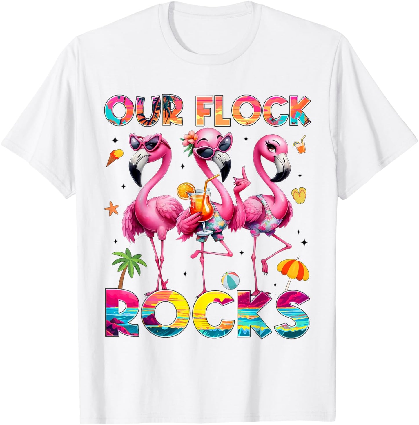 Our Flock Rocks Flamingo Summer Vacation Family Matching T-Shirt