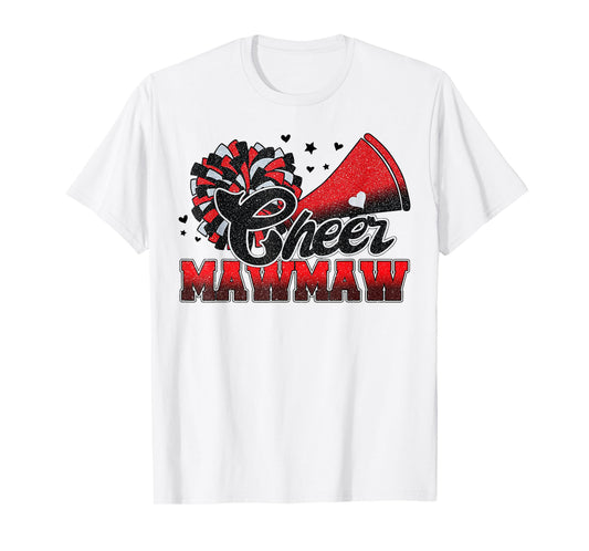 Cheer Mawmaw Cheer Leader Gift Biggest Fan Black Red Pom Pom T-Shirt