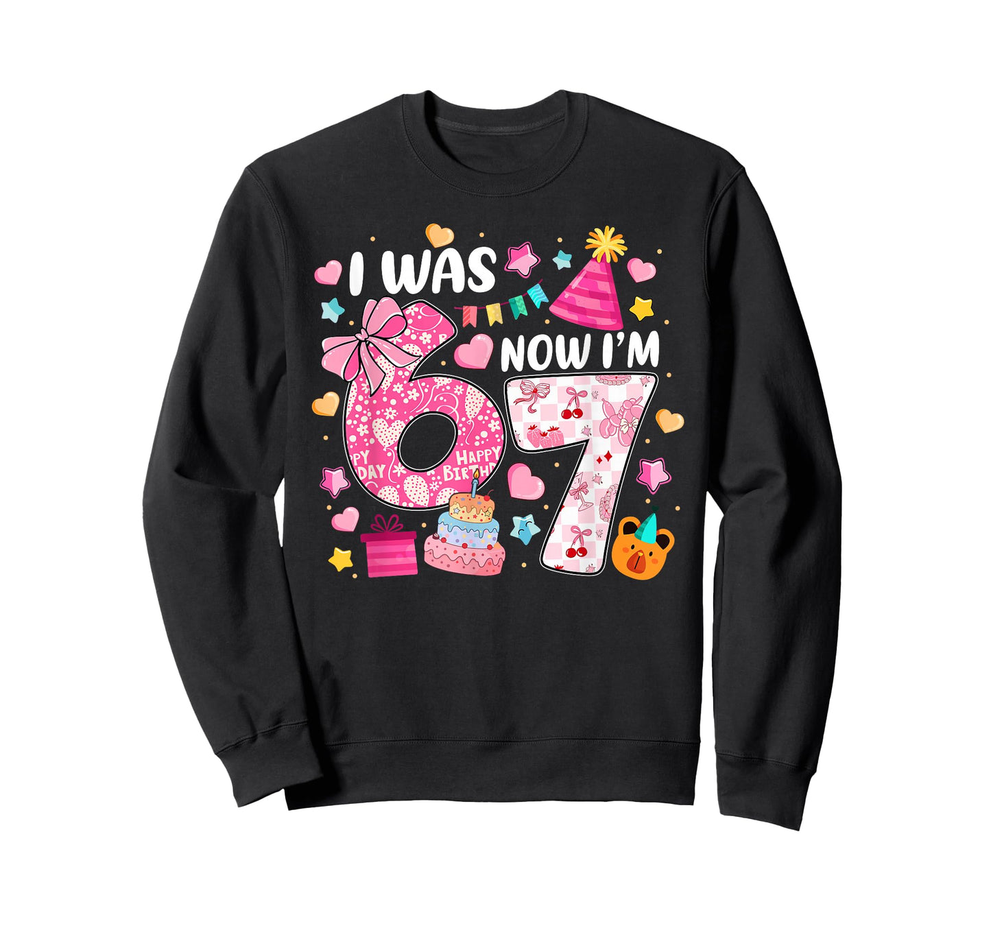 I was 6 Now I'm 7 Birthday Preppy Six Seven Girls Kids T-Shirt - Sweatshirt | Black