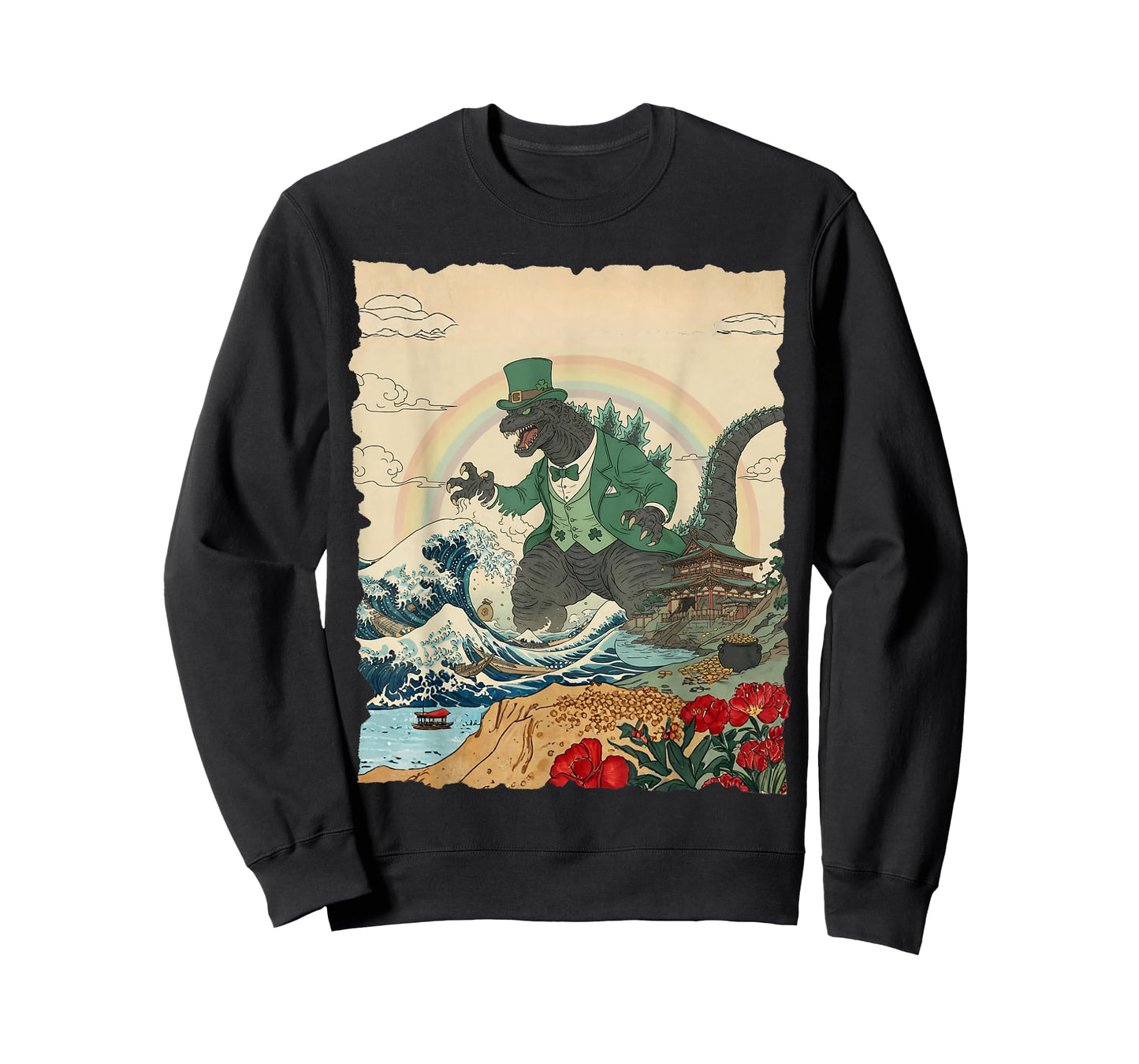 St Patricks Day Kaiju Monster Vintage Japanese Art Kaiju T-Shirt - Sweatshirt | Black