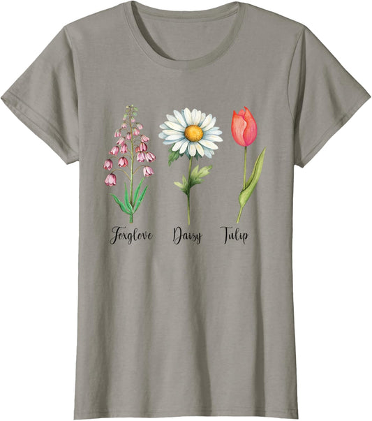 Vintage Floral Plant Foxglove Daisy Tulip Flowers Mom Women T-Shirt