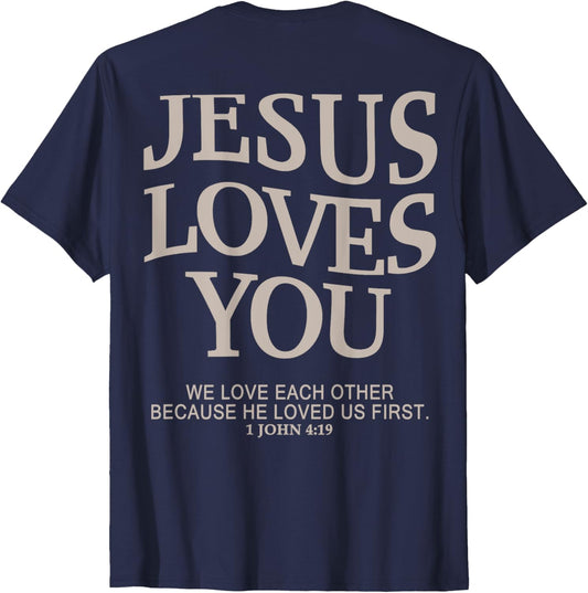 Bhgytec Jesus Loves You Christian T-Shirt - Blue, Small, Unisex-Adults/Kids, Short Sleeve, Crew Neck, Modern Classic, Letter Print, Religion, Christmas