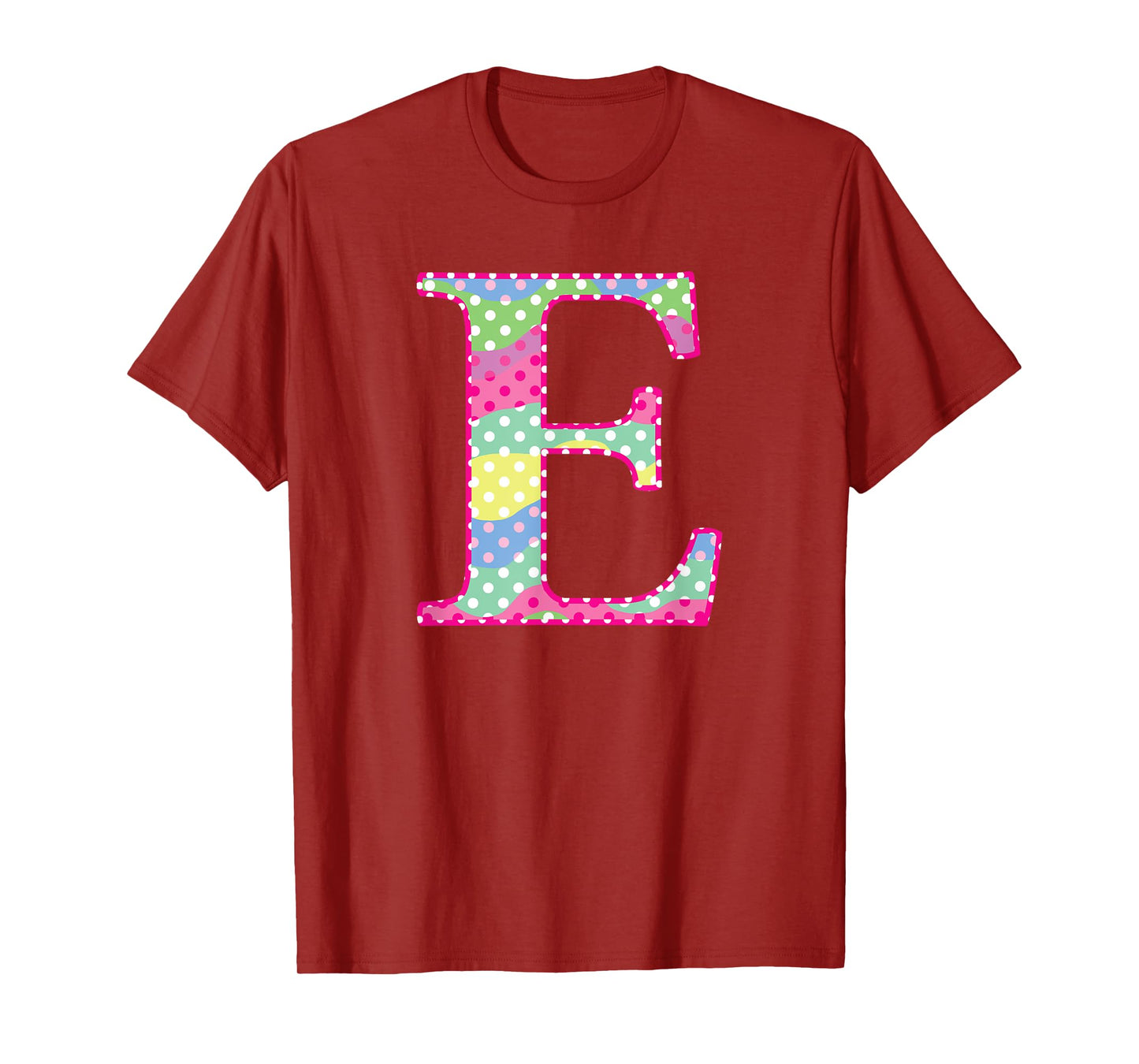 Girls Colorful Rainbow Polka Dot Monogram Initial Letter E T-Shirt