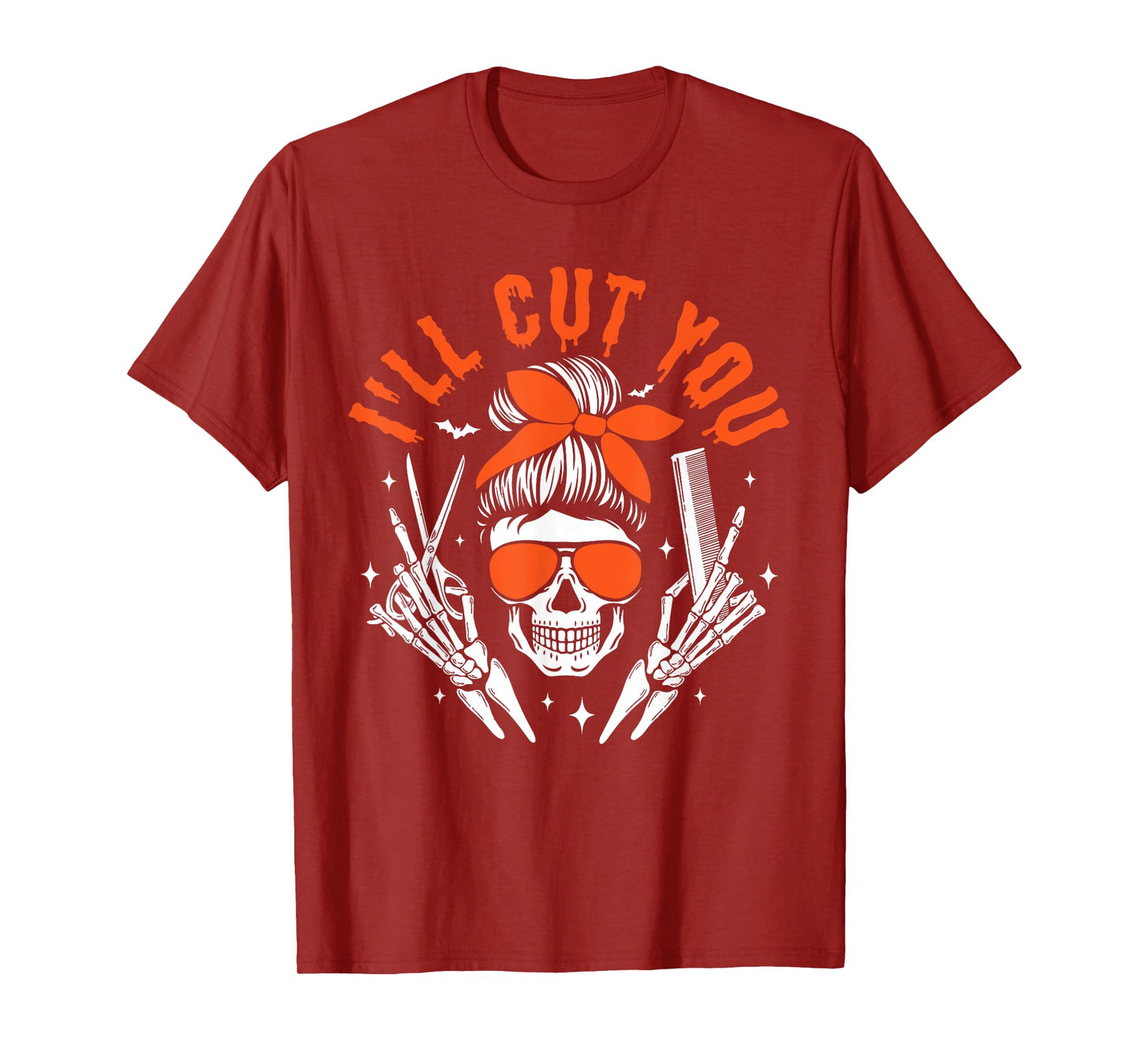 Messy Bun Skull Hairdresser I'll Cut You Halloween Stylist T-Shirt