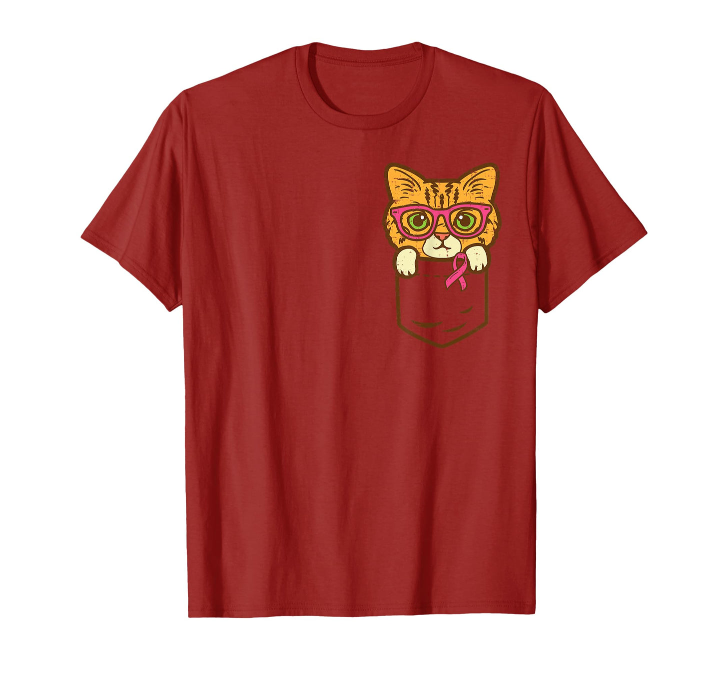 Pocket Cat Ribbon Breast Cancer Awareness Men Women Kids T-Shirt