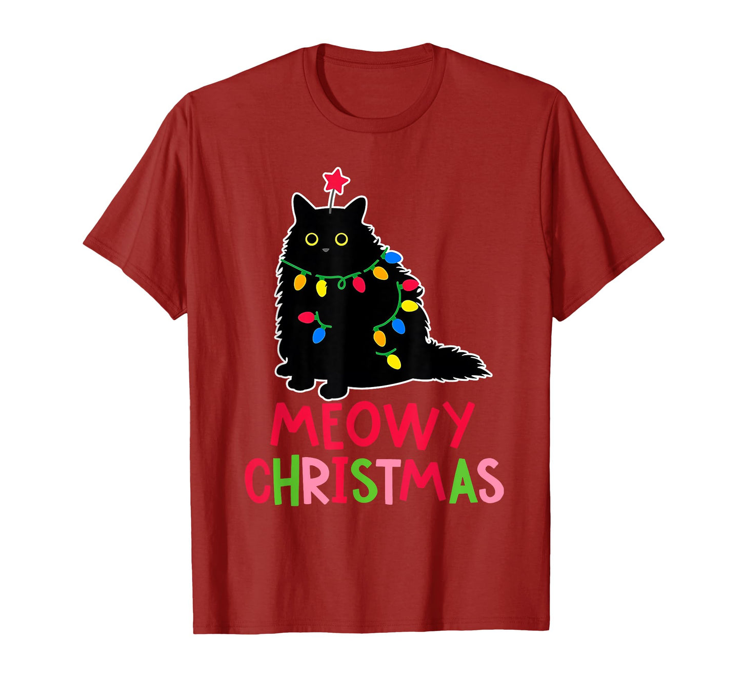 Meowy Christmas Xmas Lights Black Cat Pajamas Family Funny Men Women Kids T-Shirt