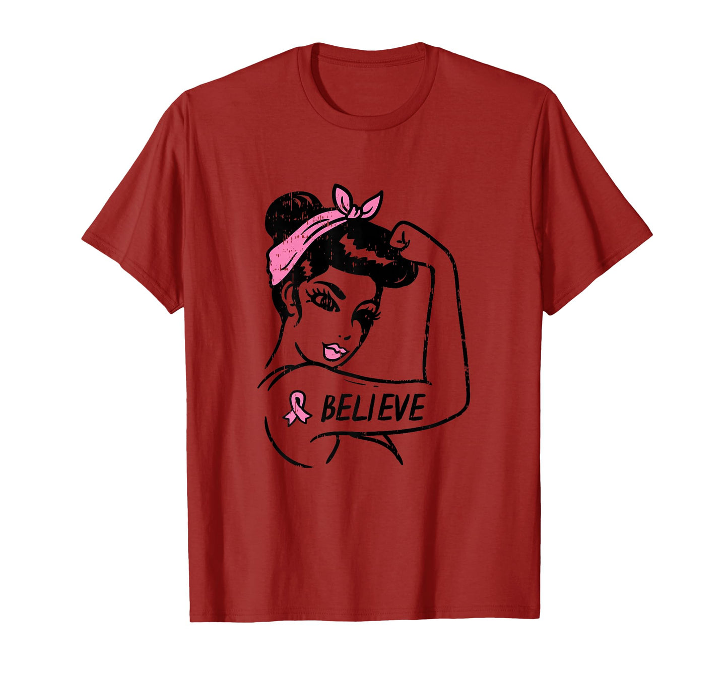 Rosie Riveter Believe Pink Ribbon Breast Cancer Awareness T-Shirt
