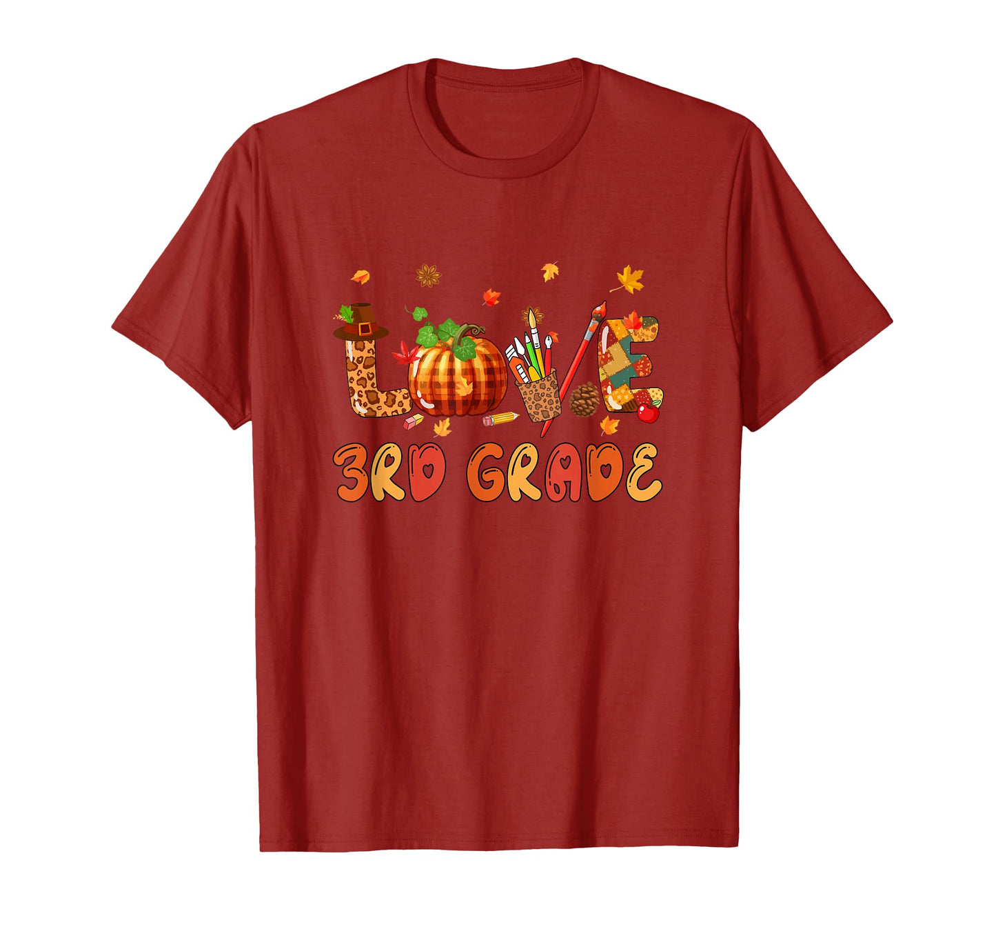 Love 3rd Grade Thanksgiving Leopard Fall Leaves Teachers T-Shirt