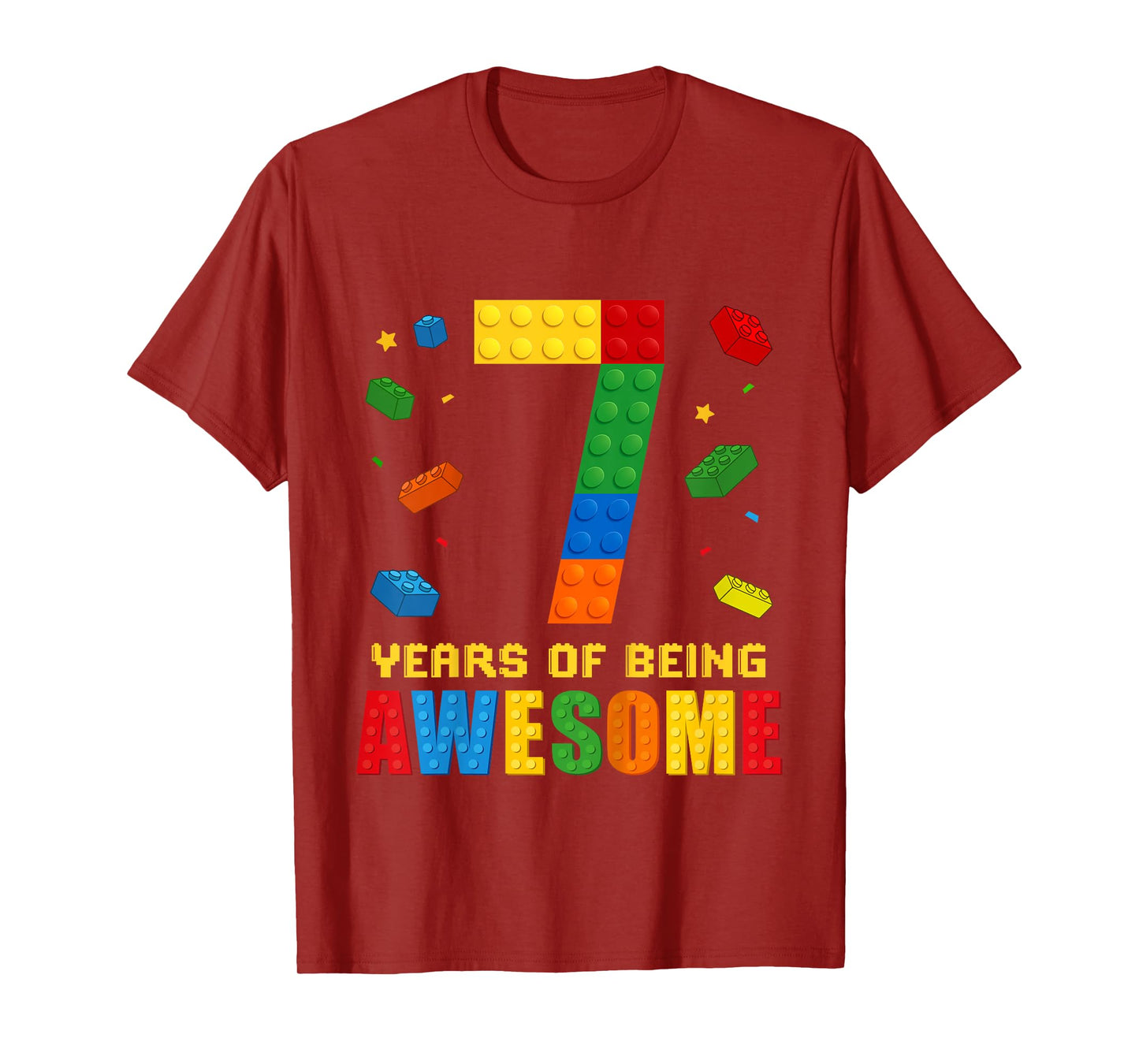 Kids 7 Year Old Birthday Boy Being Awesome Building Bricks 7th T-Shirt