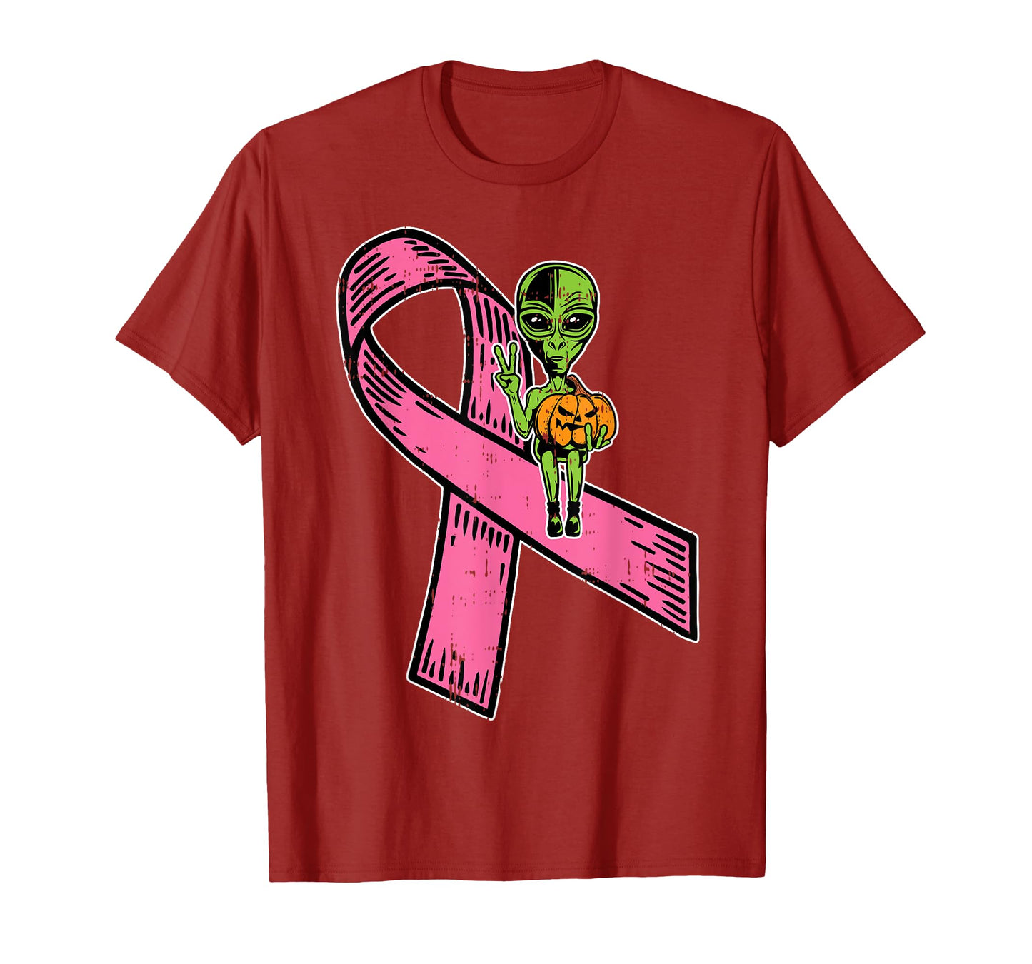 Pink Ribbon Alien Pumpkin Cool Halloween Breast Cancer Gifts T-Shirt