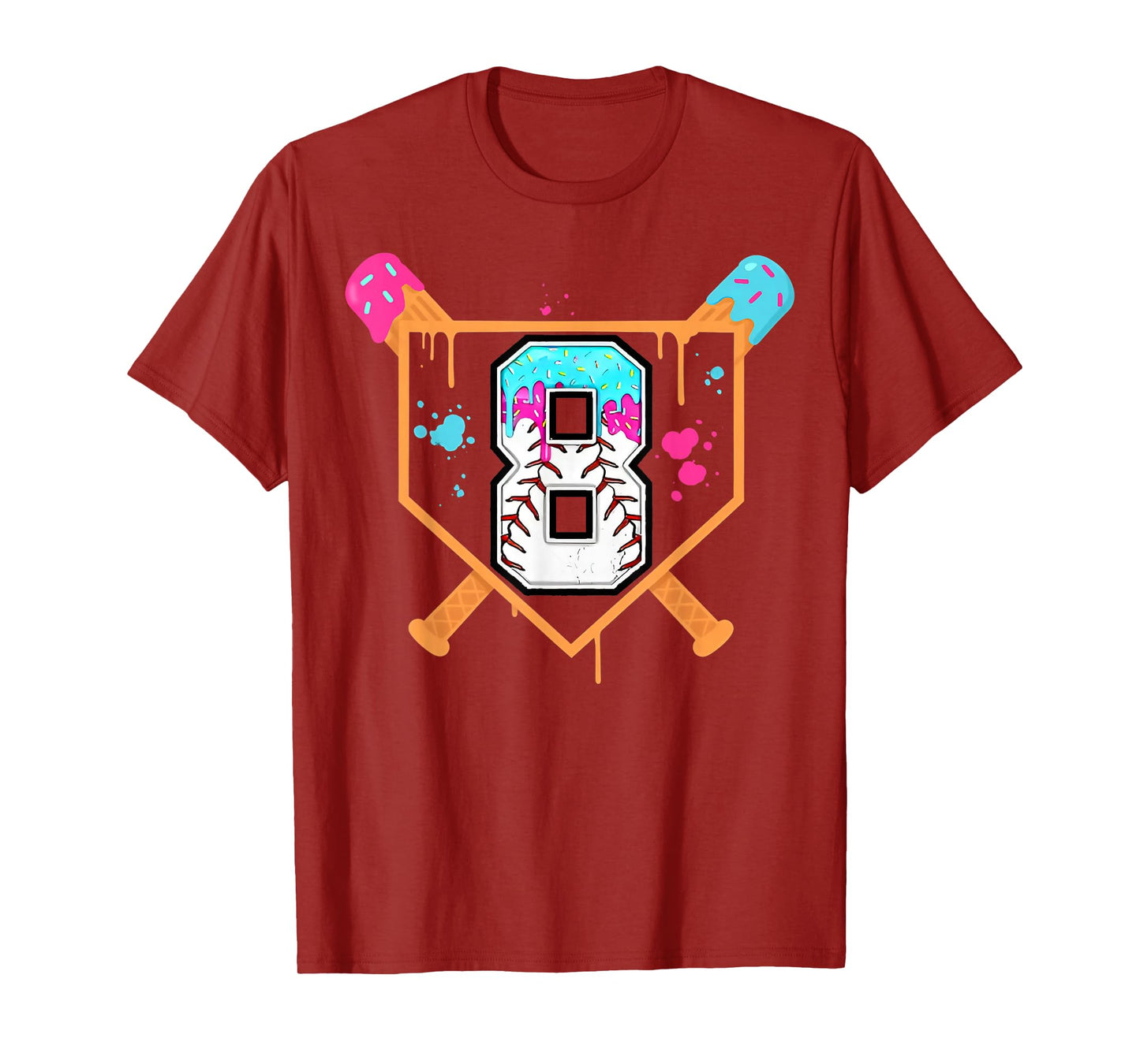 Baseball 8th Birthday Ice Cream Drip 8 Year Old Birthday Boy T-Shirt