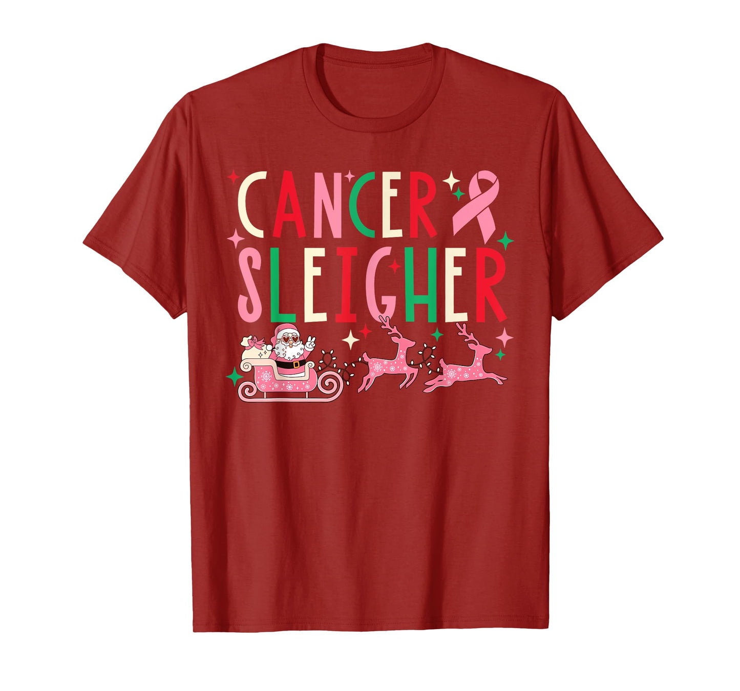 Breast Cancer Christmas Pink Ribbon Santa Sleigh Reindeer T-Shirt