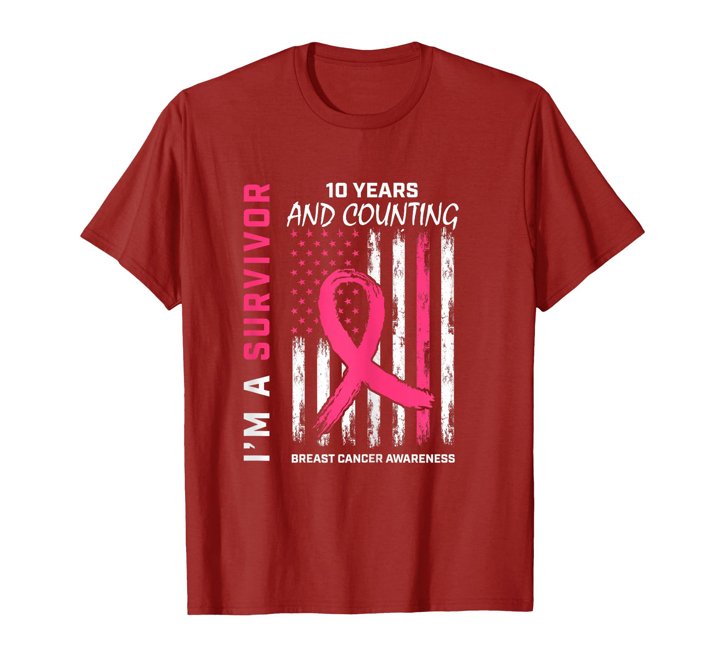 10 Year Survivor Gifts Pink Breast Cancer Free American Flag T-Shirt for Women